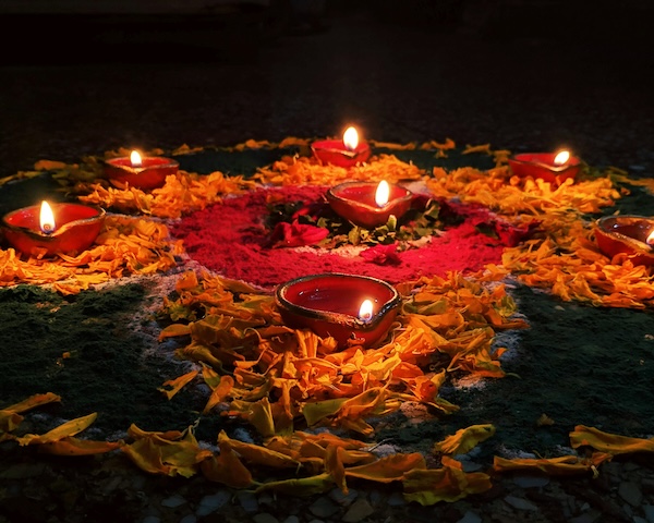 Festive Diwali scene filled with lights and decorations, capturing the spirit of celebration among the Indian community.