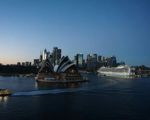 Sydney Harbour with cruise ship and Manly Ferry