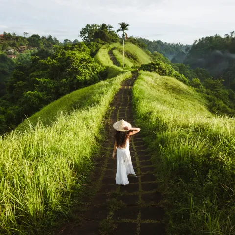 Person walking along a narrow trail through lush green hills and tropical vegetation in Bali