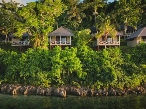 Hillside tropical villas surrounded by rainforest overlooking the coast in Fiji
