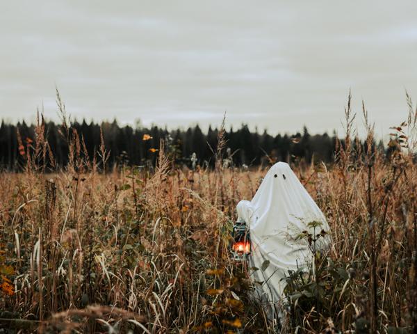 Halloween ghost costume on a farm