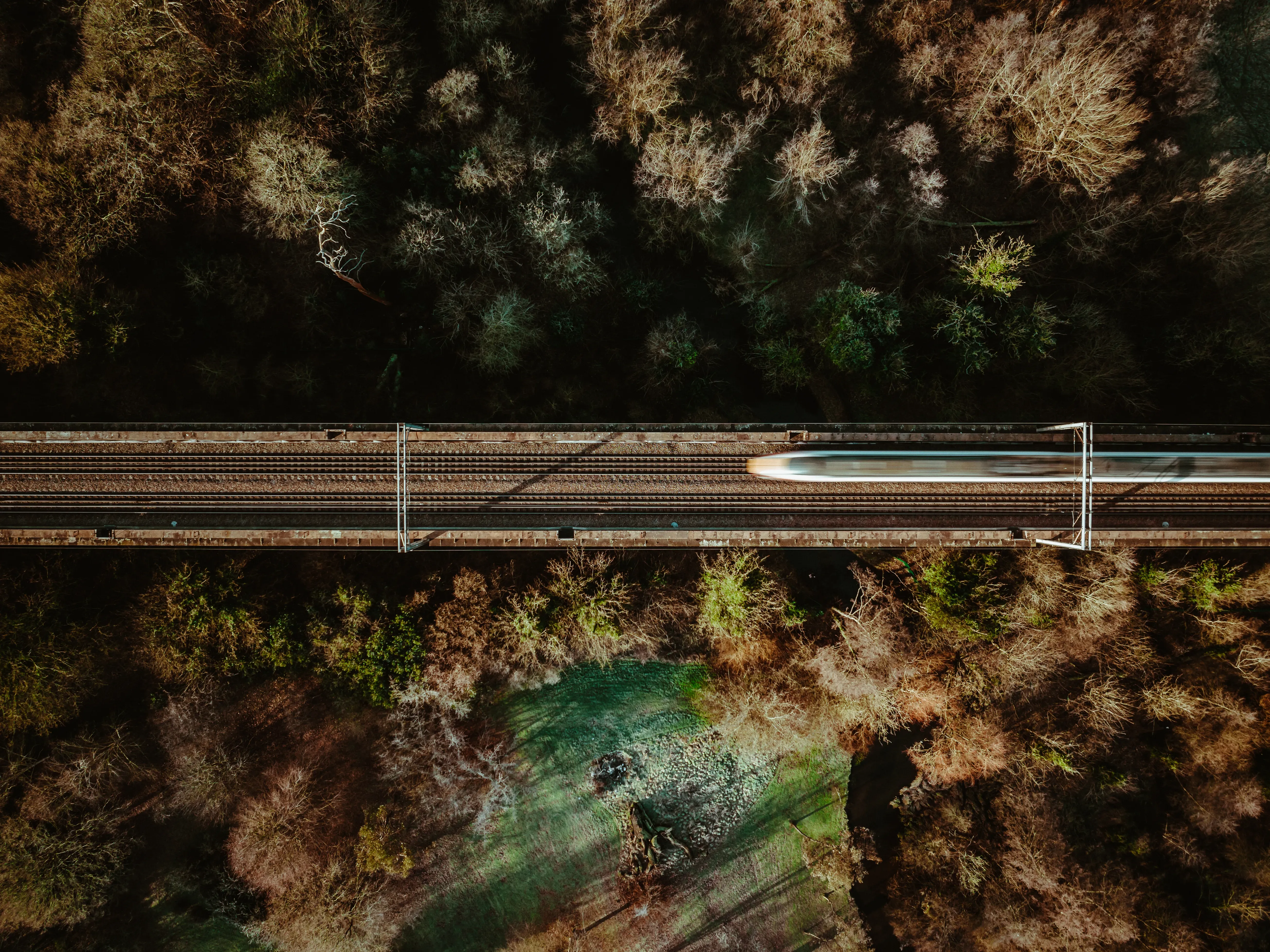 Aerial view of a train traveling through a forest landscape, highlighting scenic transport on day trips from London.
